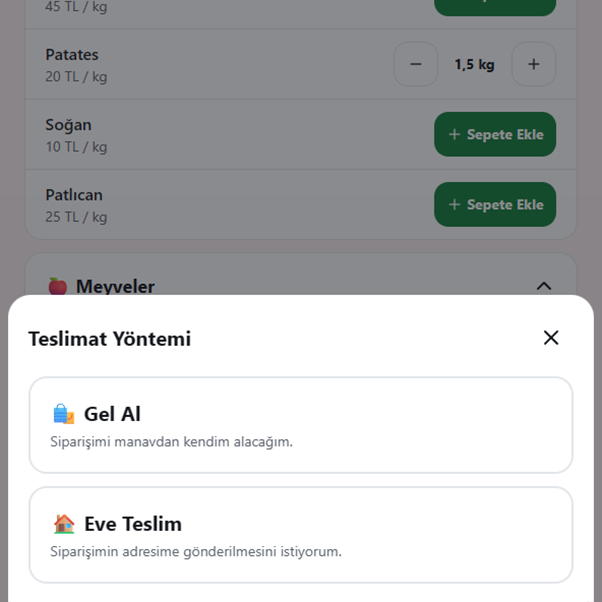 Gel Al ve Eve Teslim seçeneklerinin göründüğü teslimat ekranı