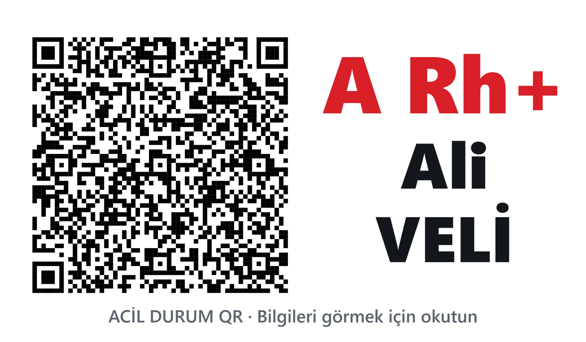 QR kod, isim ve kan grubu bulunan motosiklet acil durum etiketi