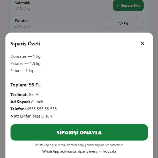 Sipariş özeti ve onay ekranı