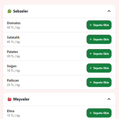 Müşterinin ürünleri gördüğü sipariş ekranı — kategoriler ve sepete ekle düğmeleri