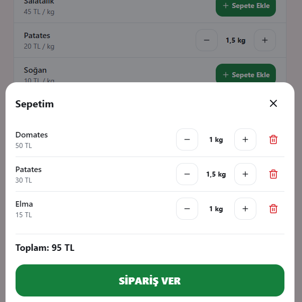 Müşterinin sepeti — ürünler, miktarlar ve toplam tutar